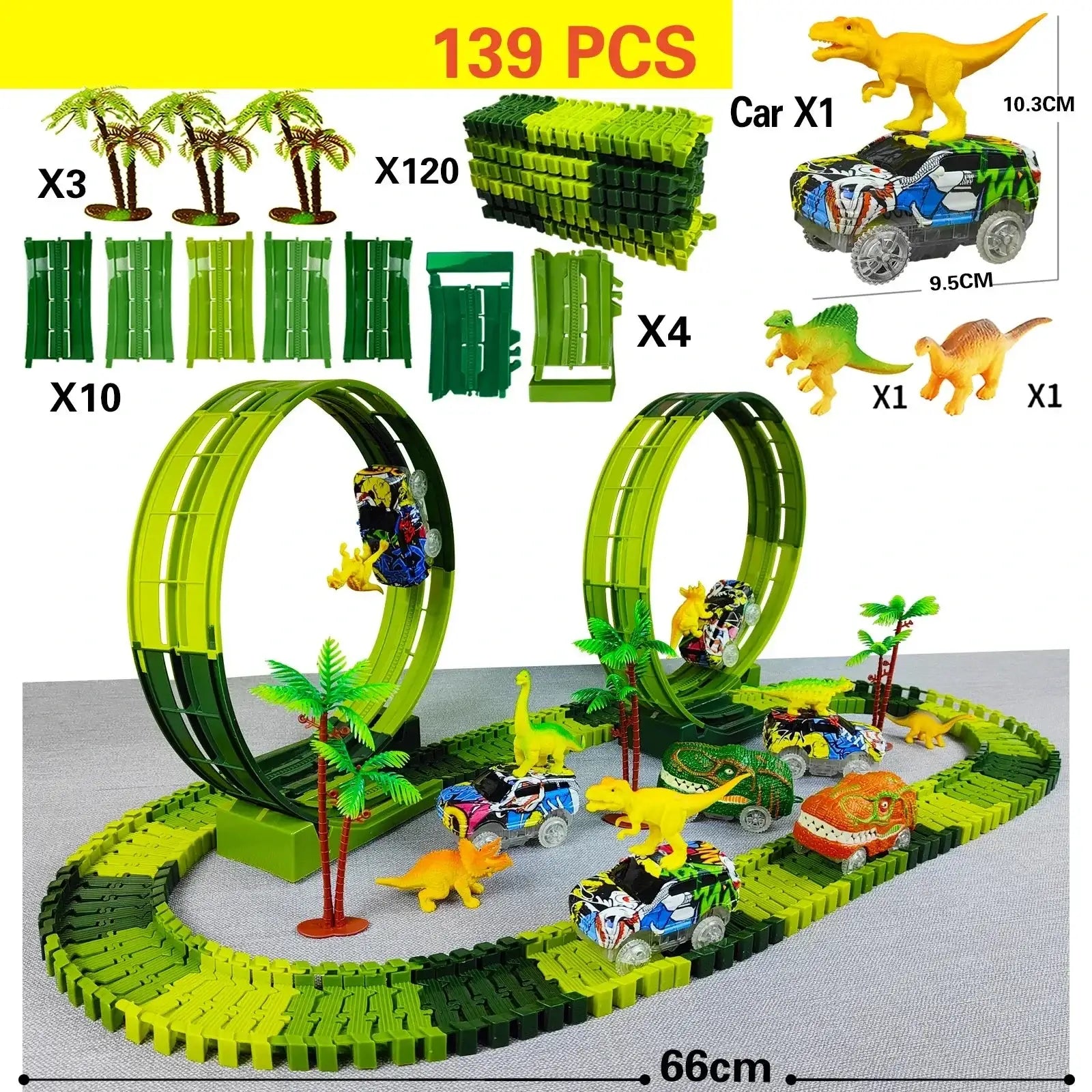 Ensemble circuit voiture électrique dinosaure vert en plastique avec voiture électrique dinosaure colorée et figurines