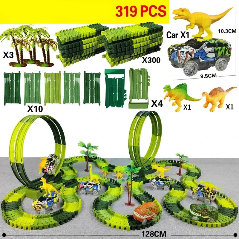 Ensemble circuit voiture électrique dinosaure vert et noir avec voitures, palmiers et dinosaures en plastique