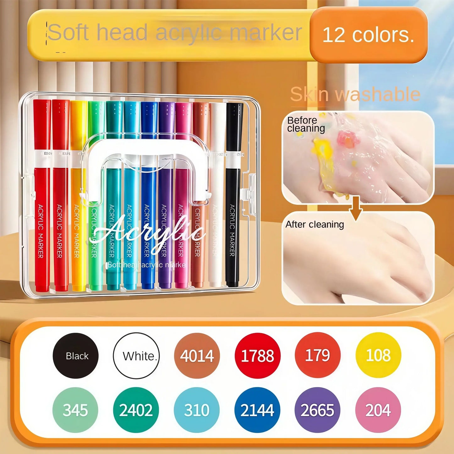 Ensemble feutres brosses acryliques feutres acryliques hautement pigmentés 12 couleurs vives dans étui plastique transparent