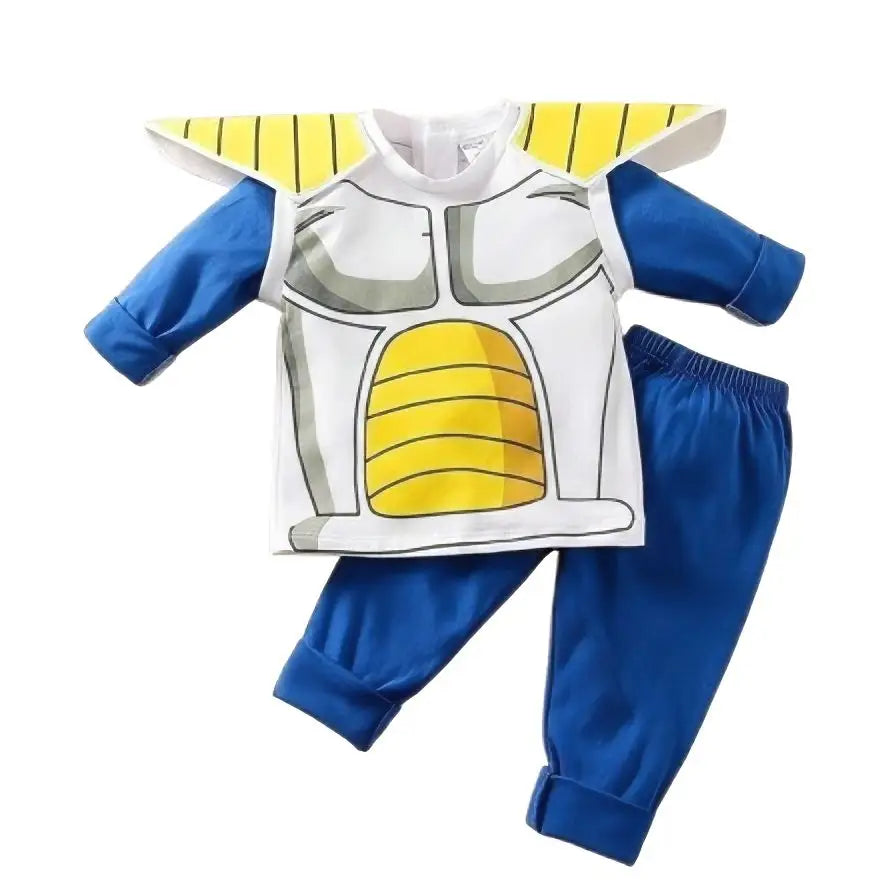 Ensemble bébé dragon ball blue et blanc avec armure jaune inspiré de vegeta pour bébé dragon ball