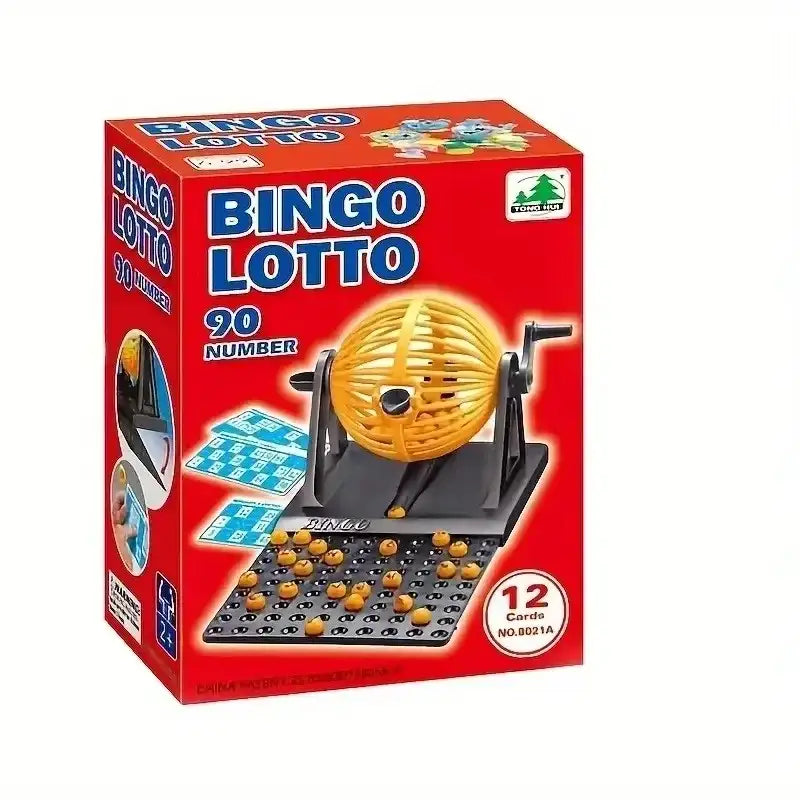 Ensemble jeu bingo lotto avec cage rotative jaune sur socle noir et douze cartes pour jeu bingo lotto 90 numéros