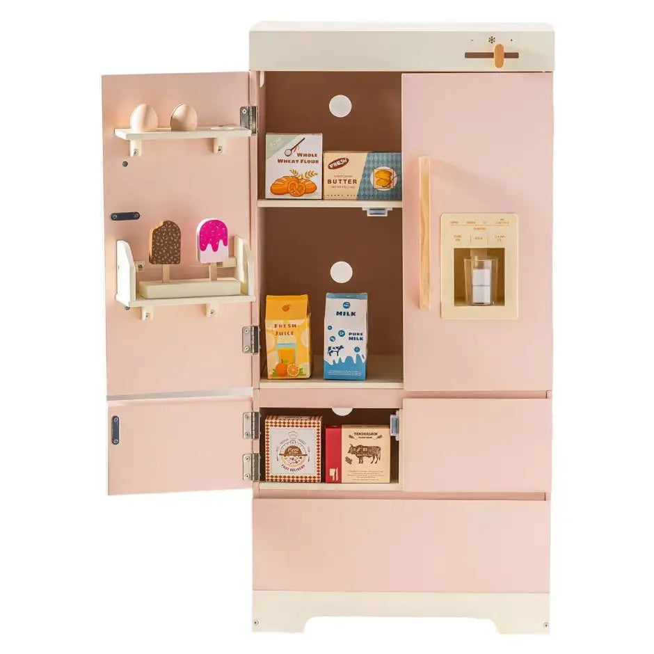 Ensemble jouets cuisine pour enfants avec cuisine jouet en bois rose et crème contenant des aliments miniature