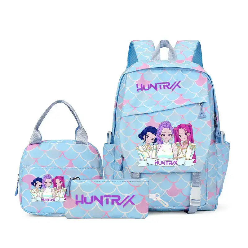 Ensemble sac scolaire k-pop demon hunters sac a dos k pop demon hunter bleu clair et rose motif ecailles de sirene avec personnage cartoon