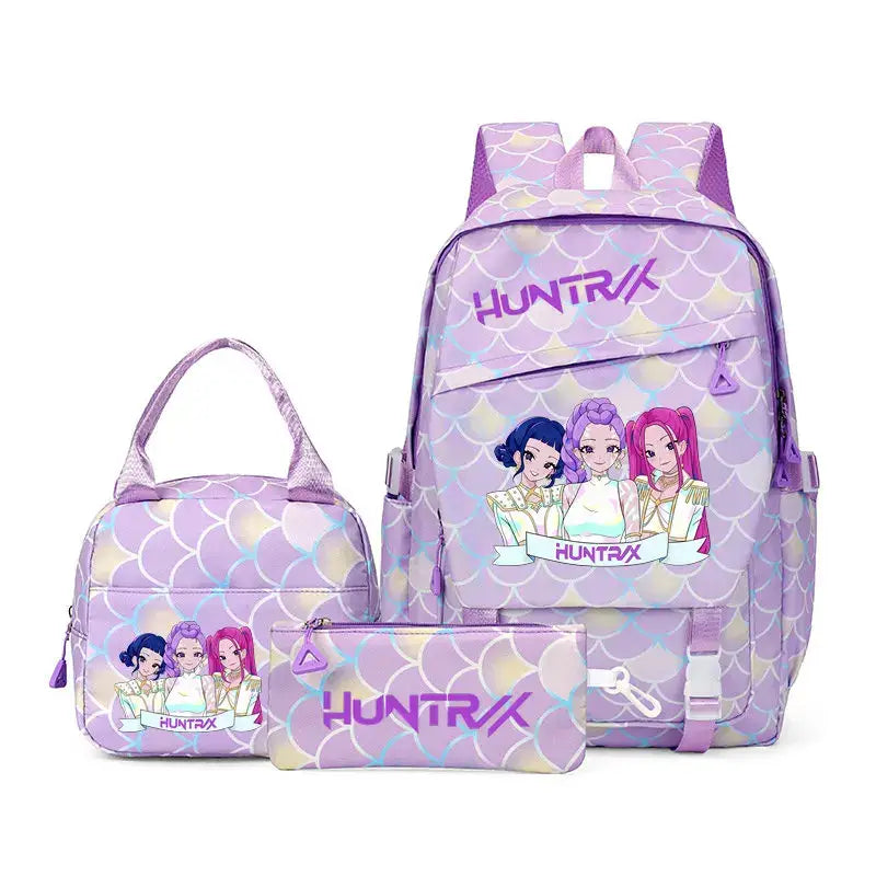 Ensemble sac scolaire k-pop demon hunters sac a dos k pop demon hunter violet motifs ecailles avec sac a lunch et trousse assortis