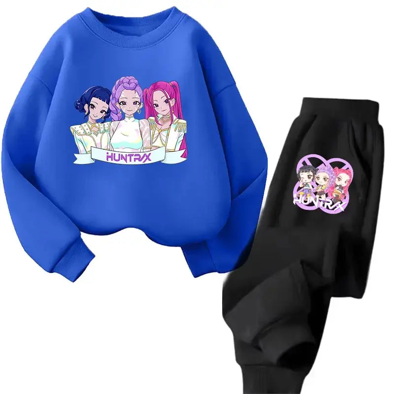 Ensemble sweat pantalon kpop demon hunters bleu et noir avec illustrations cartoon du groupe huntrax couleurs disponibles