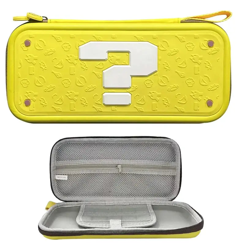 Étui de transport rigide mario jaune avec emblem bloc célèbre et motifs embossés univers mario pour switch 2