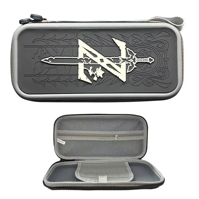 Étui de transport rigide zelda gris en coque dure avec design épée blanche embossée offrant une protection optimale pour switch 2