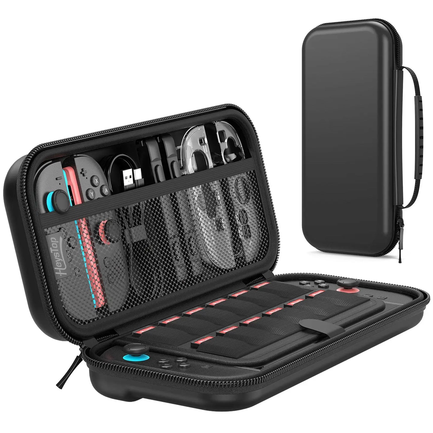Étui de transport switch 2 noir heystop avec compartiments moulés, séparateur en mesh et intérieur rembourré