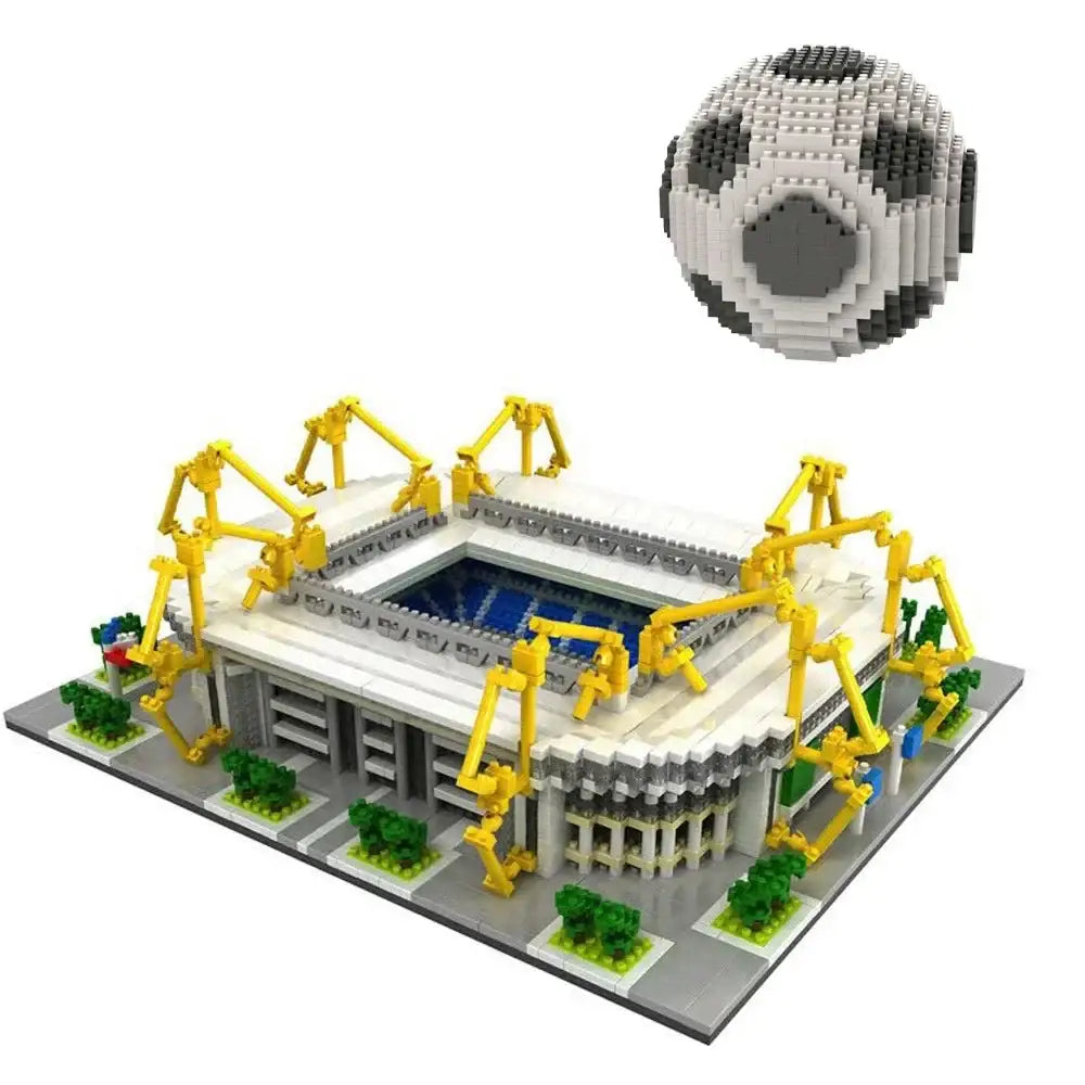 Modèle nanoblock ballon de foot stade blanc et jaune avec ballon de soccer noir et blanc au-dessus pour déguisement carnaval