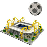 Modèle nanoblock ballon de foot stade blanc et jaune avec ballon de soccer noir et blanc au-dessus pour déguisement carnaval