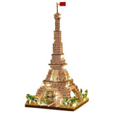 Modèle tour eiffel micro mini blocs en lego doré avec led et drapeau rouge au sommet blocs tour eiffel led