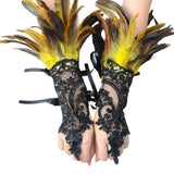 Élegantes mitaines en dentelle noire ornées de plumes bal masqué jaunes et brunes avec embellissements scintillants