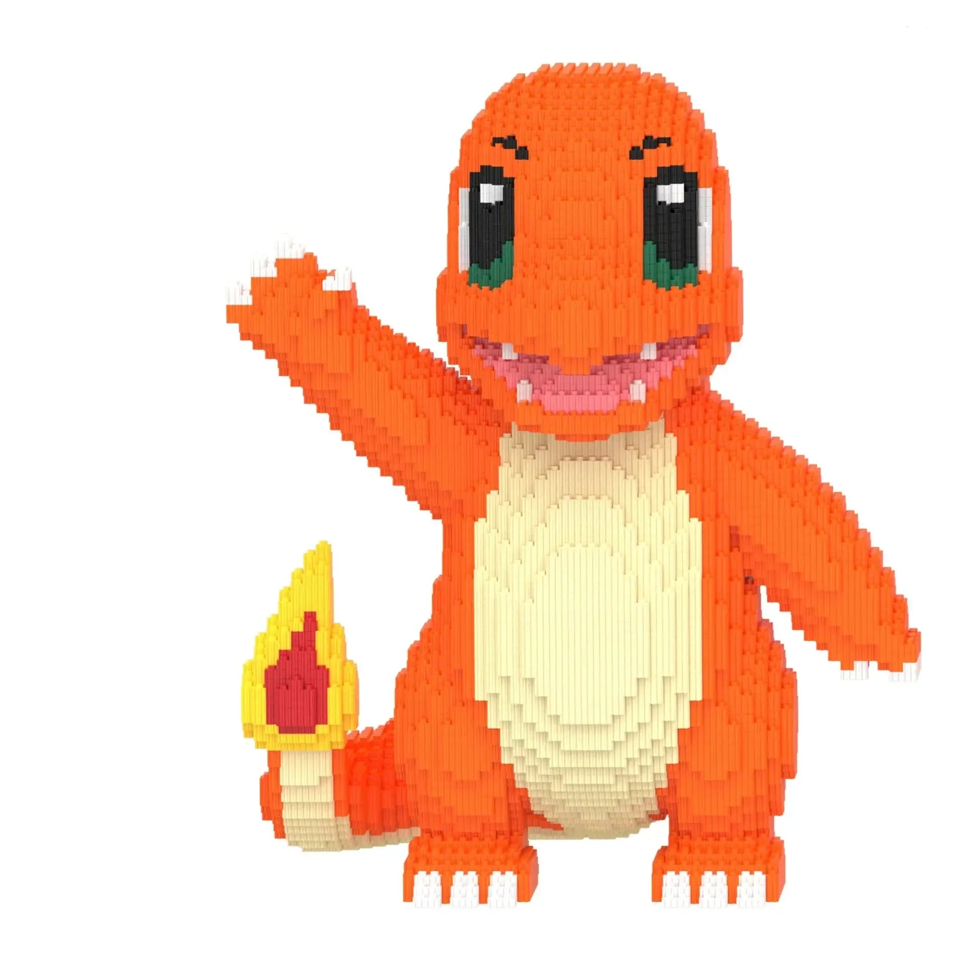 Figurine 3d pokémon charmander en briques plastiques orange et crème avec yeux verts, parfaite pour déguisement carnaval