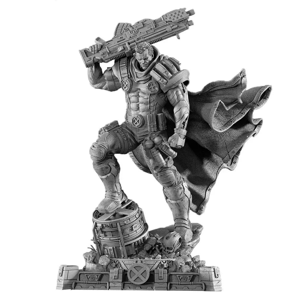 Figurine à peindre en résine grise de cable x-men avec grande arme et cape, idéale pour peindre guerrier aux détails réalistes