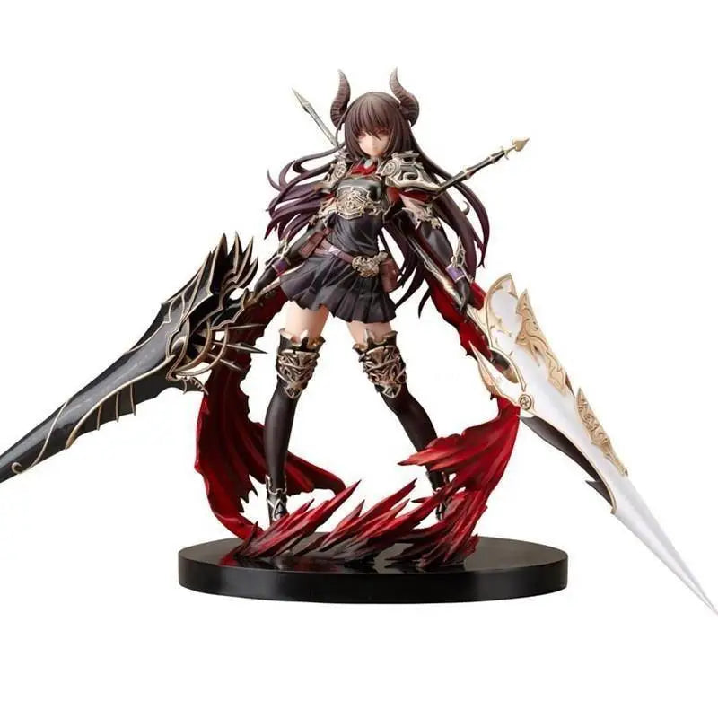 Figurine anime cher dragoon kotobukiya en armure noire et rouge avec cornes et deux épées ornées sur base circulaire