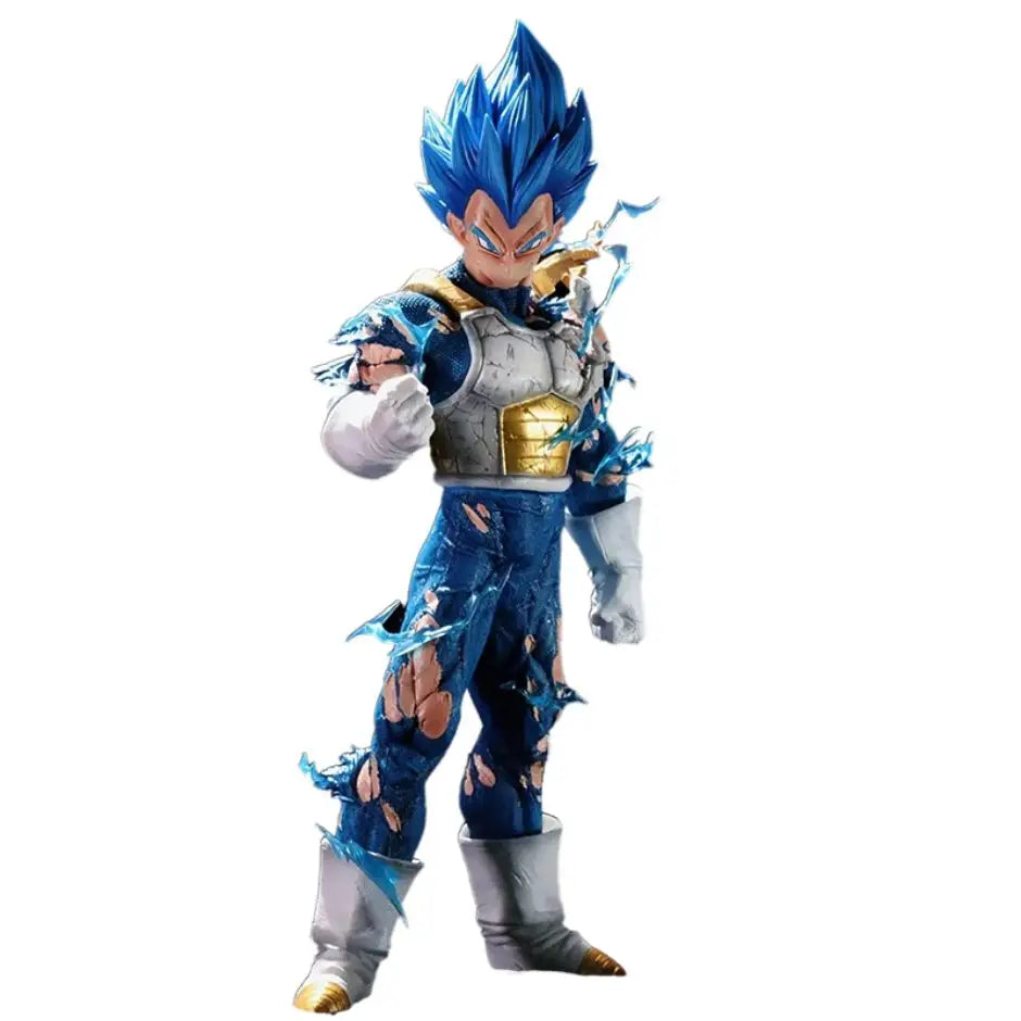 Figurine vegeta dragon ball en forme super saiyan avec armure argentée et dorée détaillée et pantalon bleu déchiré