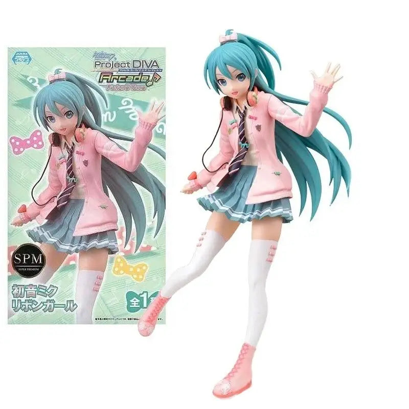 Figurine anime hatsune miku projet diva 23cm aux cheveux longs roses et bleus en tenue rose et blanche