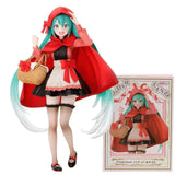 Figurine anime petit chaperon rouge avec cape écarlate, capuche noire, cheveux bleu teal et panier tressé