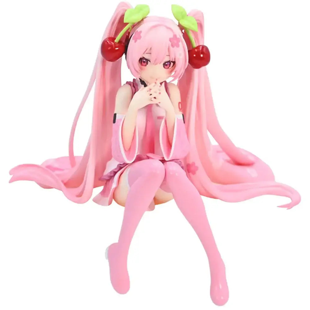 Figurine hatsune miku couettes roses avec cheveux longs ornés de cerises rouges et feuilles vertes style miku rose kawaii