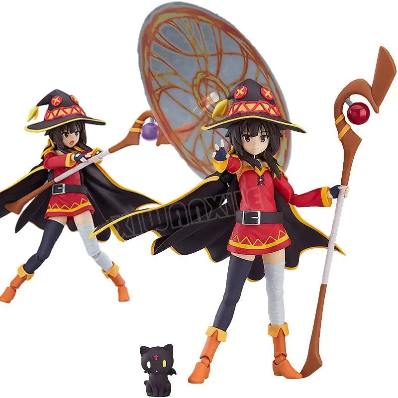 Figurine anime sorcière konosuba en rouge et jaune avec cape noire et bâton orné d’un orbe rouge