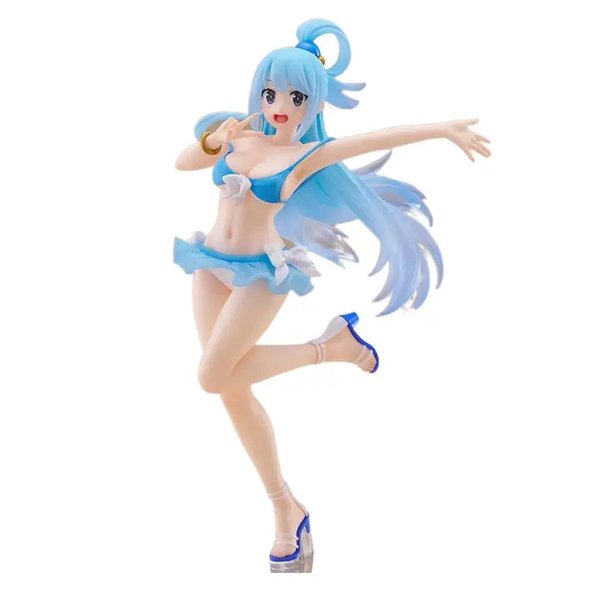 Figurine aqua aux cheveux bleus en bikini bleu avec nœuds blancs et chaussures à talons dans ce monde merveilleux