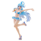 Figurine aqua aux cheveux bleus en bikini bleu avec nœuds blancs et chaussures à talons dans ce monde merveilleux