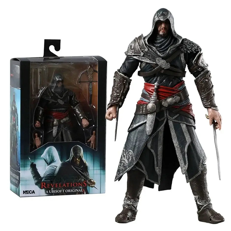Figurine articulée assassin’s creed ezio en armure noire et argent avec écharpe rouge, détails métalliques et doubles lames