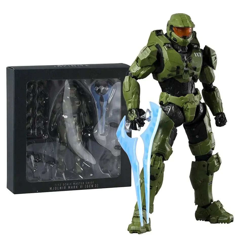 Figurine articulée halo master chief en armure mjolnir verte avec épée énergétique bleue en pose dynamique près de son emballage noir