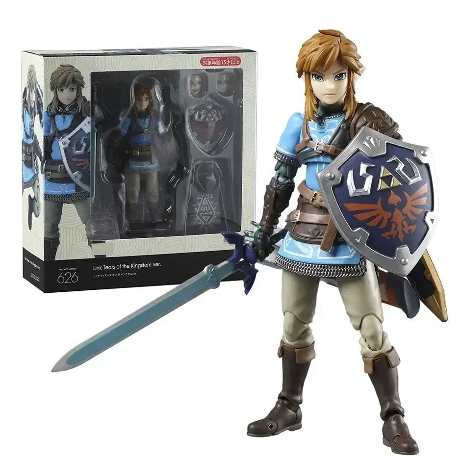 Figurine articulée zelda link totk en armure bleue et marron tenant épée et bouclier héros légendaire