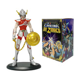 Figurine chevaliers du zodiaque femme en armure argent et rouge tenant un bouclier doré, idéale pour déguisement carnaval et magasins de jouets