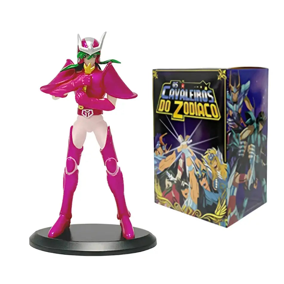 Figurine chevaliers du zodiaque en armure rose et blanche vibrant sur socle noir idéale pour magasins de jouets et déguisement carnaval