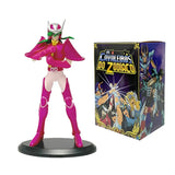 Figurine chevaliers du zodiaque en armure rose et blanche vibrant sur socle noir idéale pour magasins de jouets et déguisement carnaval