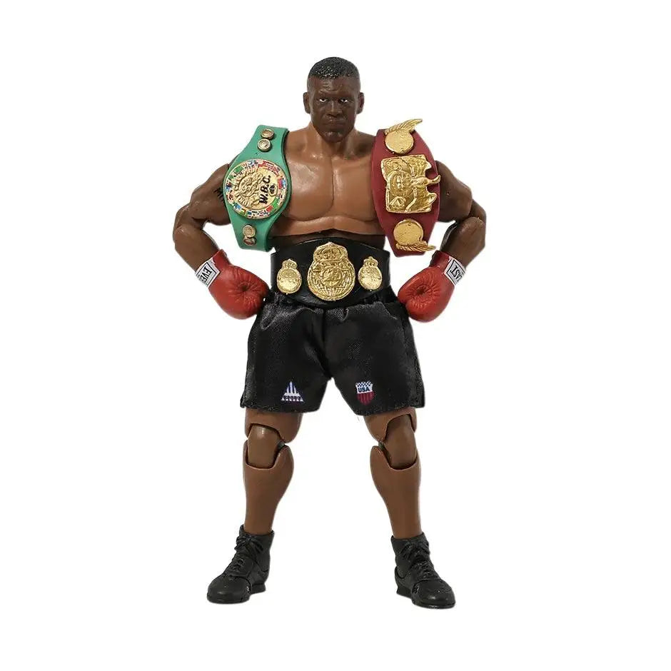 Figurine collection mike tyson d un boxeur musclé en shorts noirs et gants rouges avec deux ceintures de champion