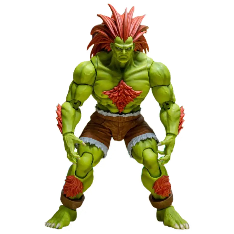 Figurine blanka ultra street fighter verte musclée avec cheveux rouges et shorts marron pour collectionnaires