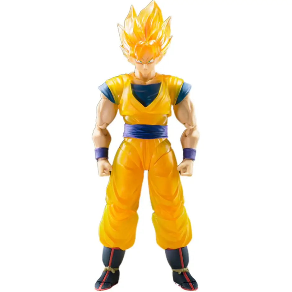 Figurine collector super saiyan goku z représentant super saiyan goku en tenue jaune bleu avec accents violets en poses dynamiques