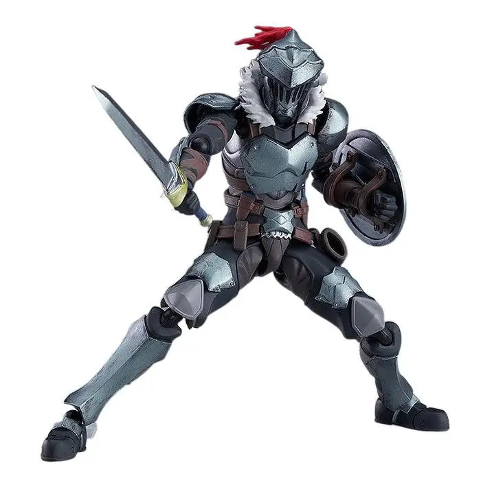 Figurine d’action goblin slayer en armure argent et noir avec casque à crête rouge, épée et bouclier