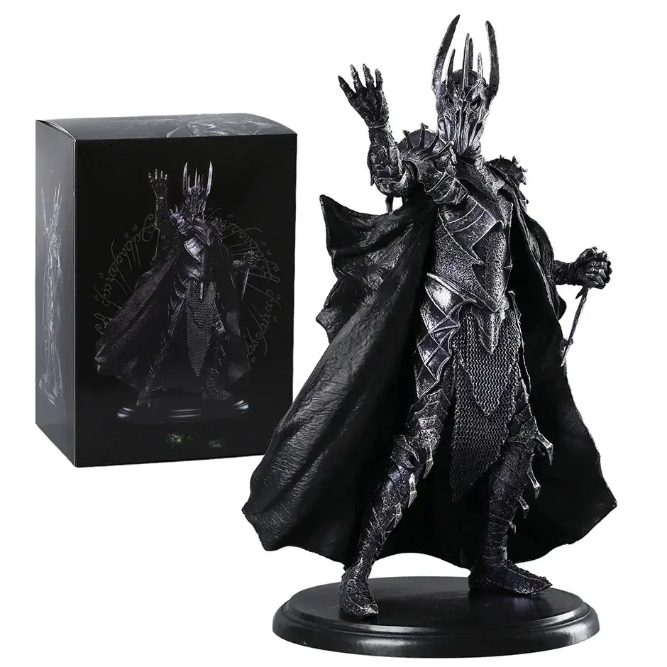 Figurine dark lord sauron noire avec casque menaçant à cornes et armure ornée de l univers sombre
