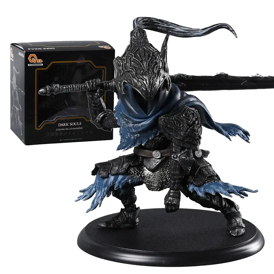 Figurine dark souls artorias le abysswalker en armure noire et bleue avec détails complexes et cape élégante