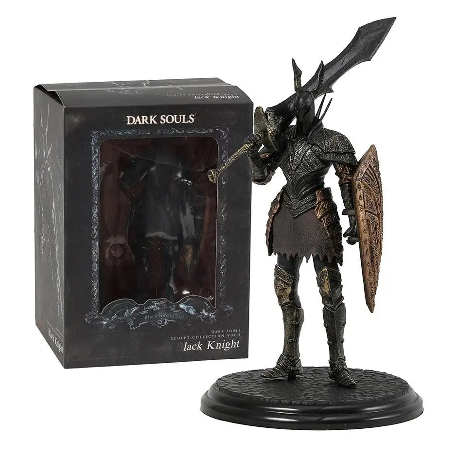 Figurine dark souls black knight avec armure métallique sombre détaillée or et grande épée de l’univers sombre