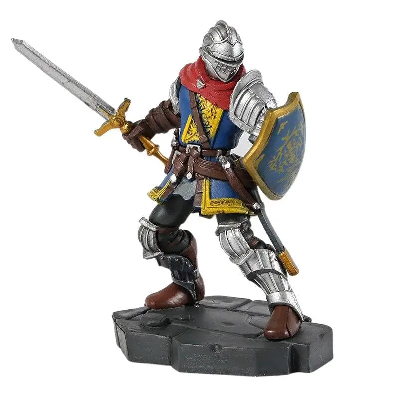 Figurine dark souls chevalier oscar en argent avec armure complète, épée et bouclier bleu et or à motifs héraldiques
