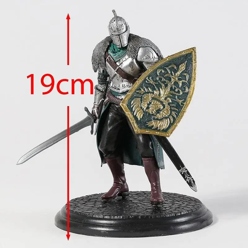 Figurine dark souls chevalier faraam en métal 19 cm avec armure de faraam argentée détaillée et bouclier vert doré lion