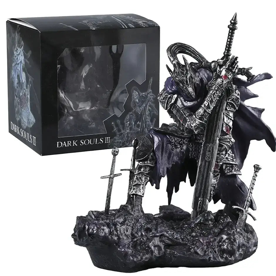 Figurine dark souls iii chevalier artorias en armure noire et argent avec gemmes rouges sur socle rocheux entouré d’épées