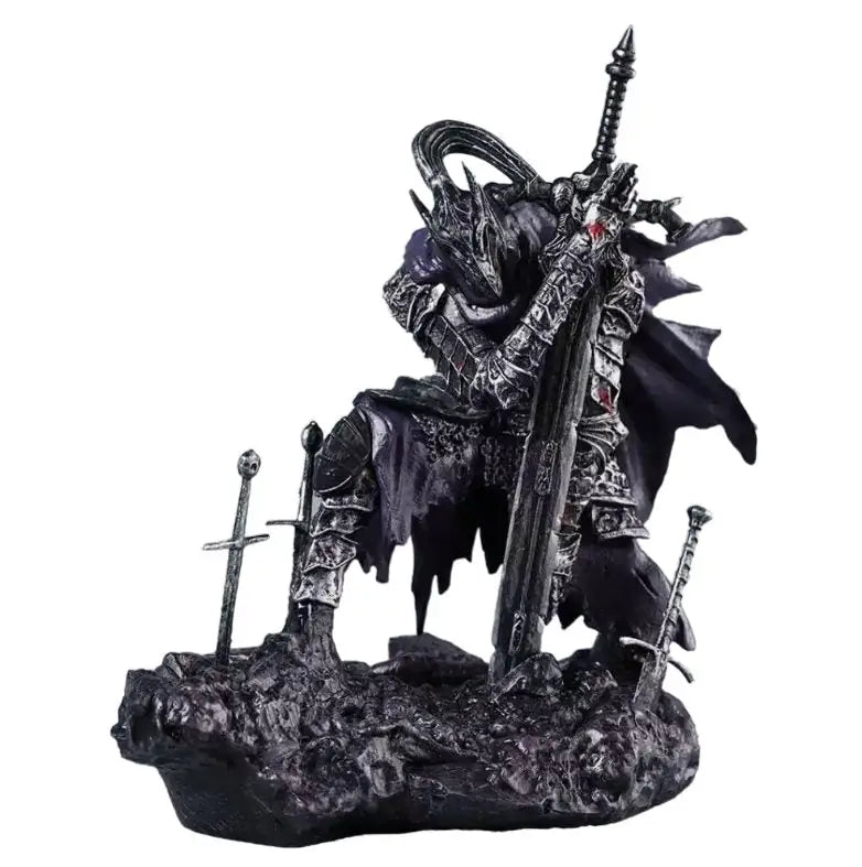 Figurine dark souls knight artorias en armure emblématique noire avec détails saisissants et épée sur socle rocheux