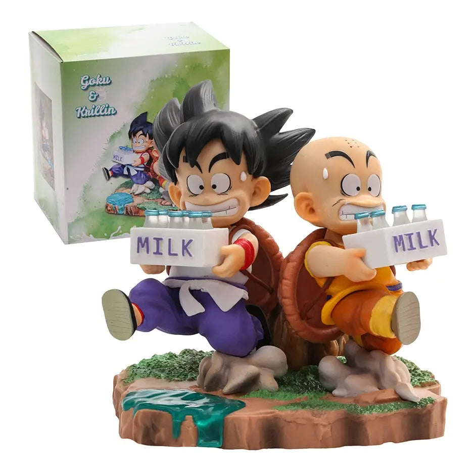 Figurine dbz son goku krillin livreurs en style chibi avec tenues violet et orange tenant caisses de lait légendaires livreurs