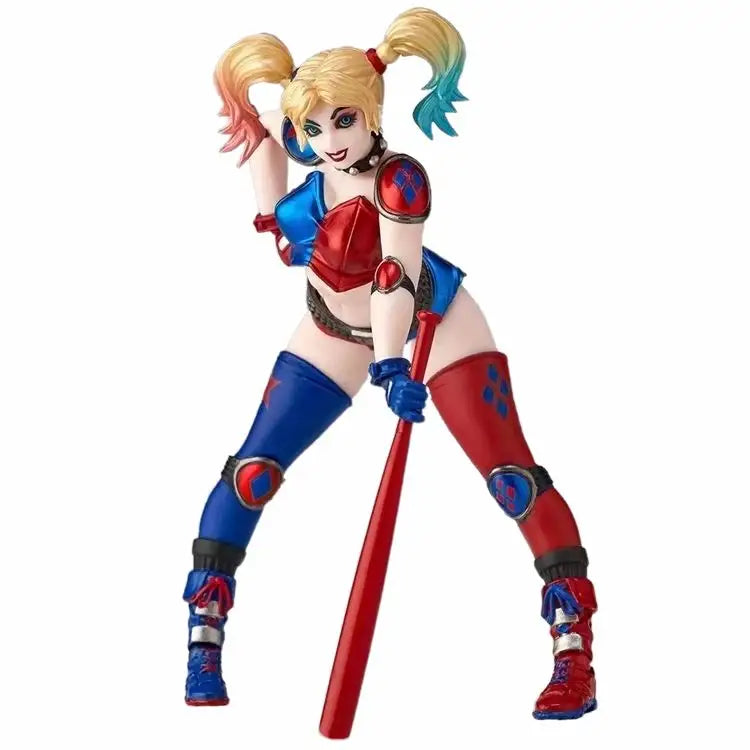 Figurine articulée harley quinn dc en costume rouge bleu blanc avec couettes arc-en-ciel dans l’univers chaotique