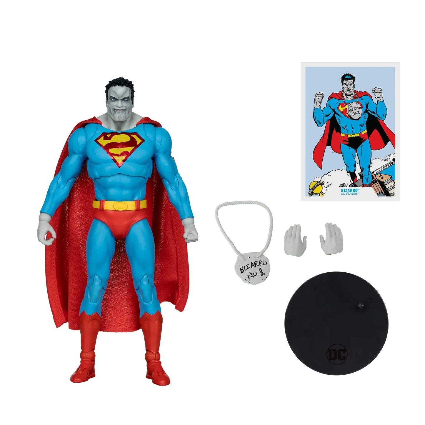 Figurine dc multiverse bizzaro articulée bleue et rouge avec ceinture jaune et écusson s sur poitrine, 18cm
