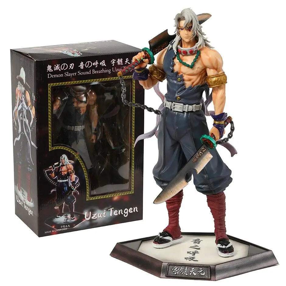 Figurine demon slayer uzui tengen en tenue bleu marine avec cheveux argentés et bottes rouges en sculpture détaillée