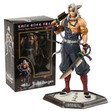 Figurine demon slayer uzui tengen en tenue bleu marine avec cheveux argentés et bottes rouges en sculpture détaillée