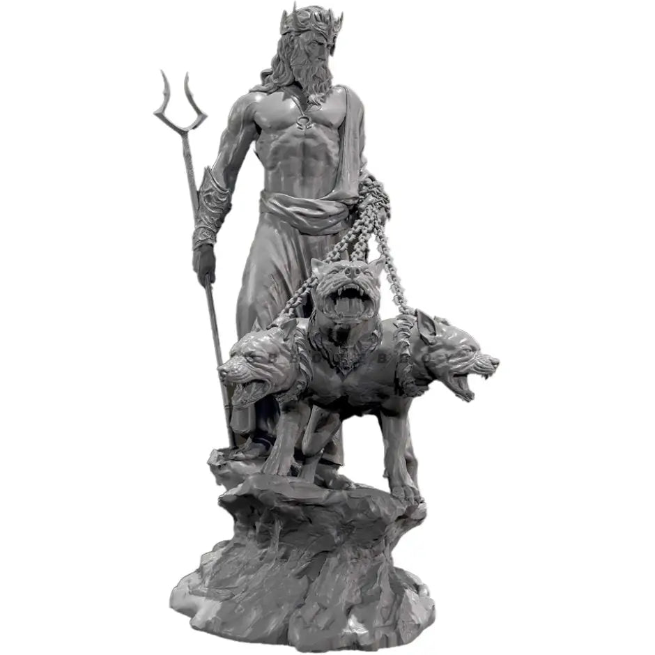 Figurine dieu olympe cerbère en métal gris représentant un dieu barbu avec couronne et trident, mythologie grecque