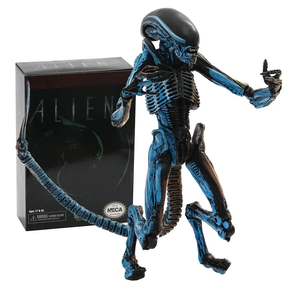Figurine dog alien marron doré bleu et noir avec design squelettique détaillé posée à côté de son packaging articulée